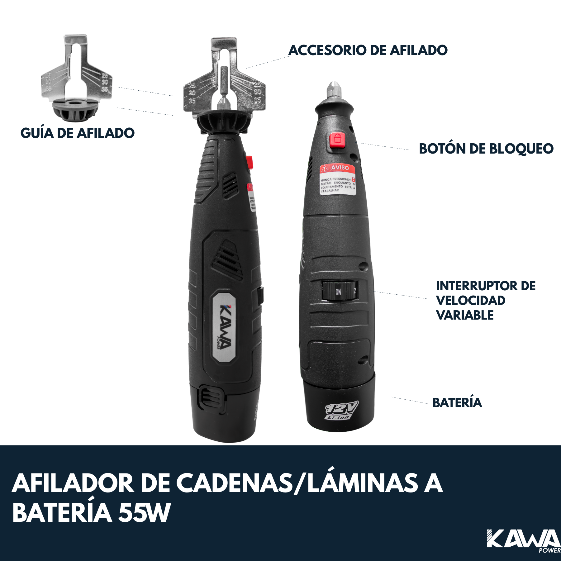 Kawapower Afilador de cadenas/hojas a batería 10.8V 1x2Ah 55W - Imagen 2