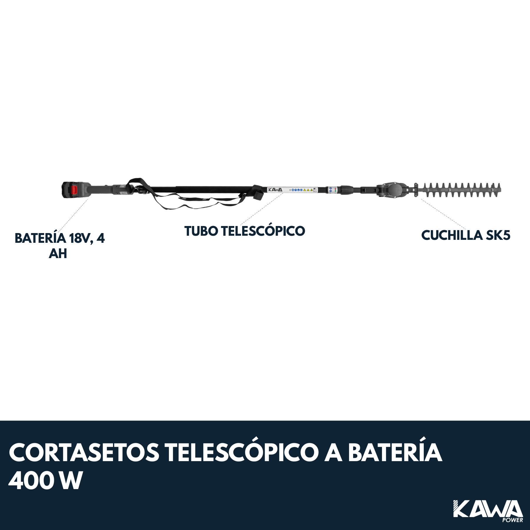 Kawapower Cortasetos telescópico a batería 18V 2x4Ah 18V 400W - Imagen 2