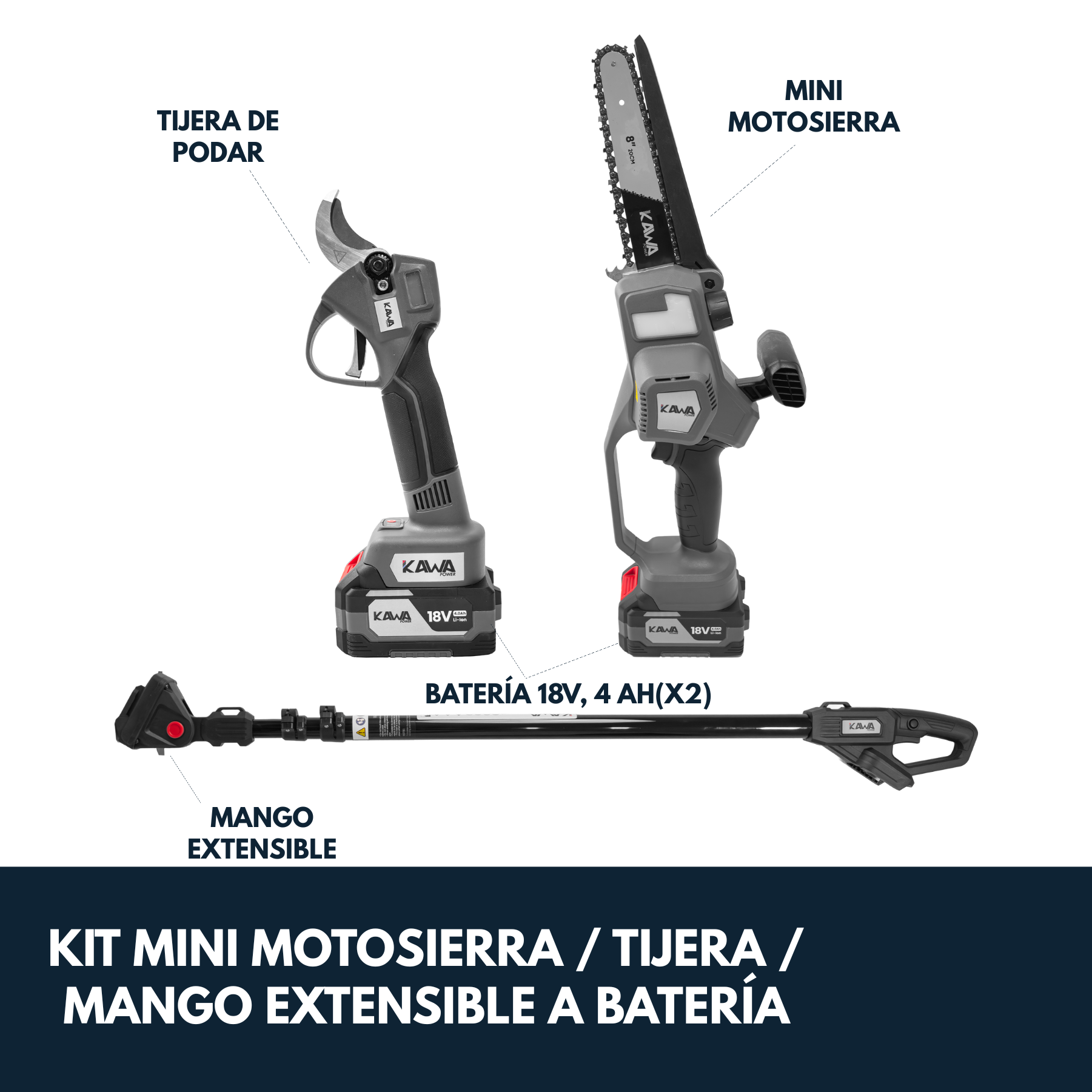 Kawapower Kit tijera / mini motosierra / cable extensible a batería 18V 2x4Ah 18V - Imagen 2