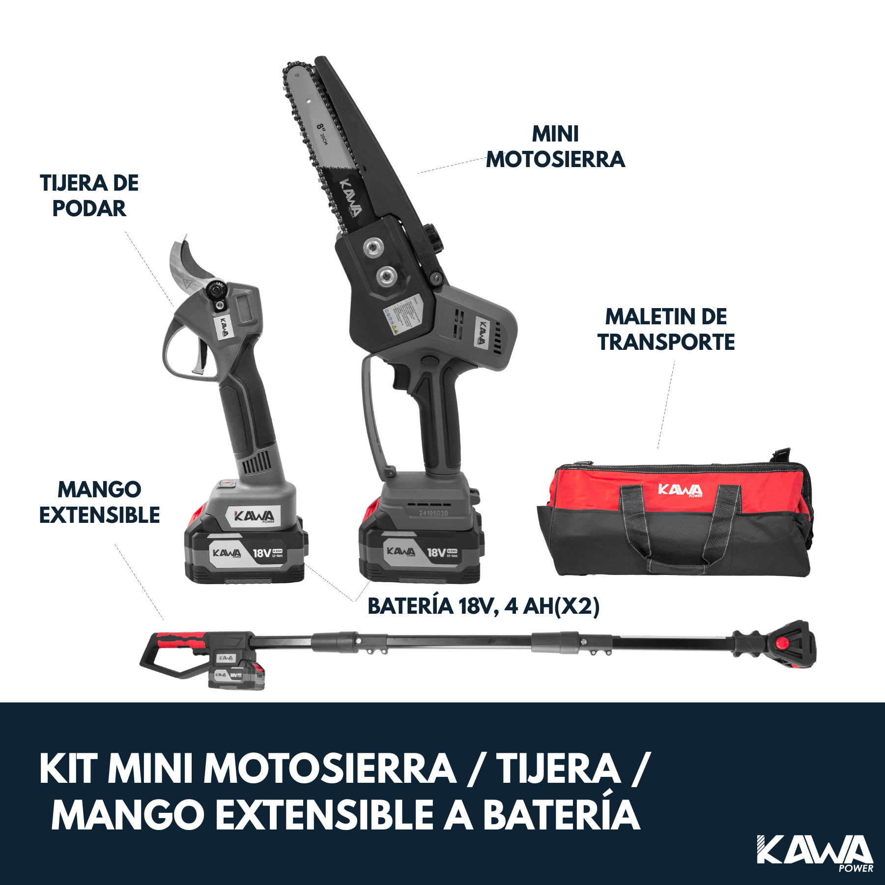Kawapower Kit mini motosierra / tijera / cable extensible a batería 18V 2x4Ah 18V - Imagen 2