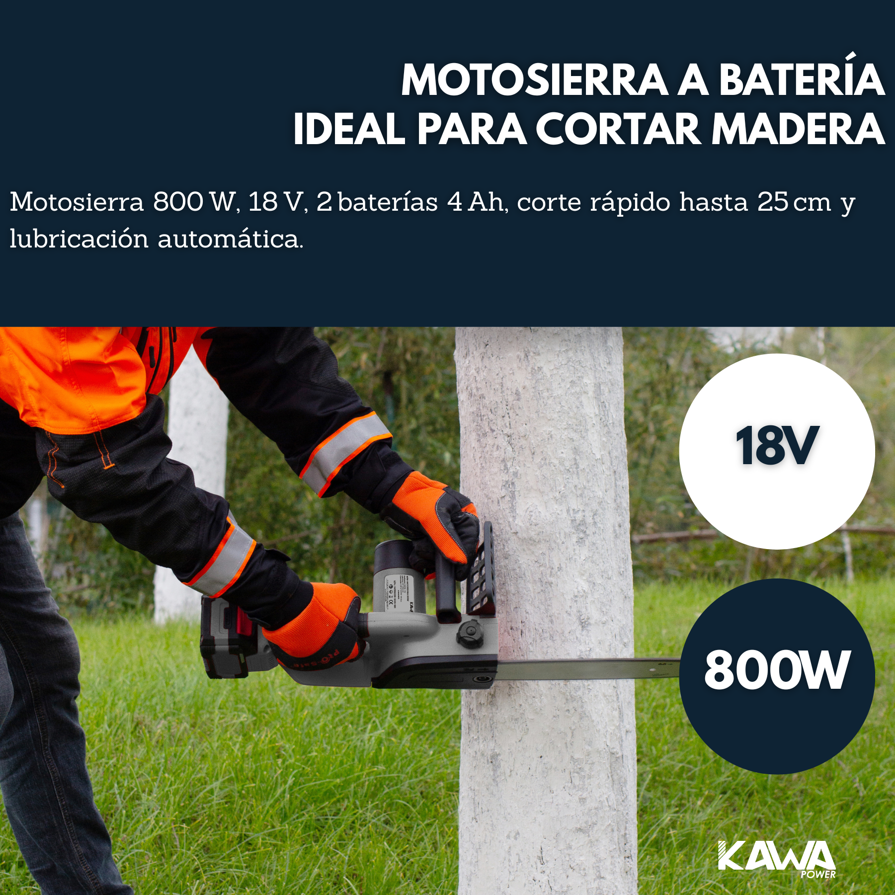 Kawapower Mini Motosierra a batería 18V 2x4Ah 18V 800W - Imagen 3