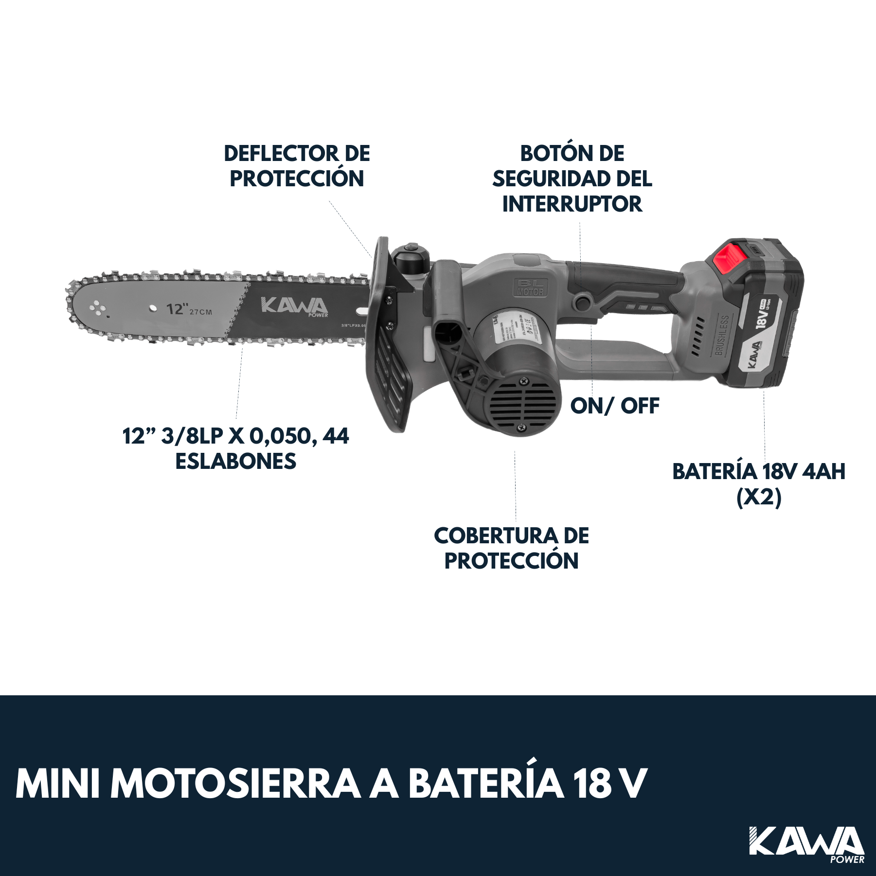 Kawapower Mini Motosierra a batería 18V 2x4Ah 18V 800W - Imagen 2